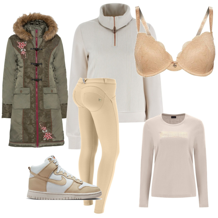 Outfit donna - L\'inverno sta arrivando. Stile Sporty chic per Tutti i giorni. Abbinamento con cappotti, pantaloni skinny, t-shirt, felpe, sneakers alte, reggiseni push-up.
