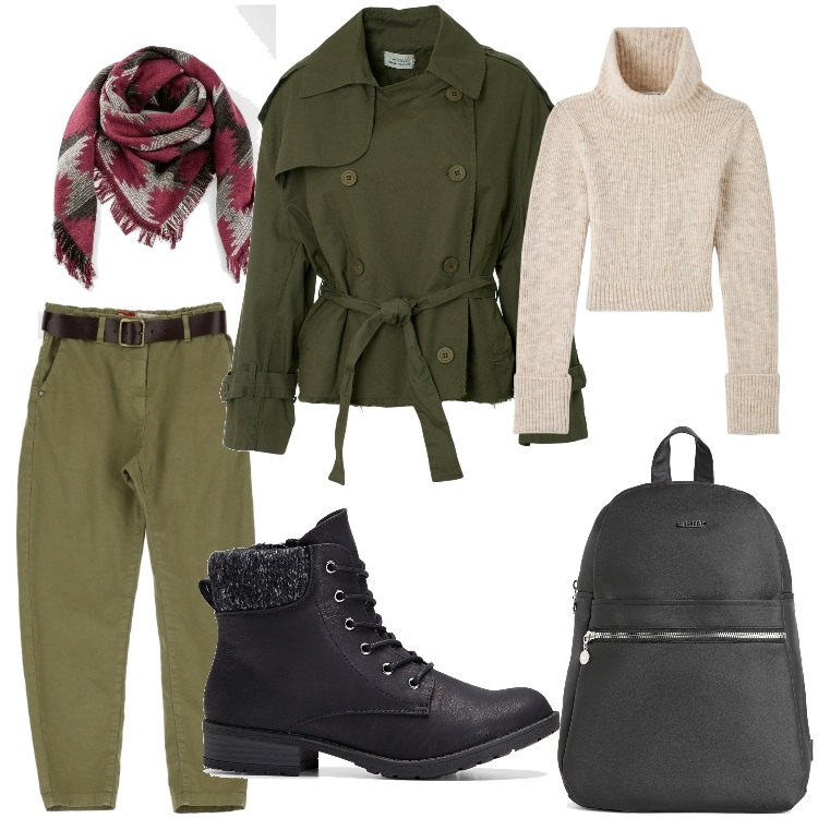Outfit donna - Gita invernale fuori porta. Stile Casual per Tutti i giorni. Abbinamento con stivaletti, foulard, maglieria, pantaloni capri, zaini, giacche.