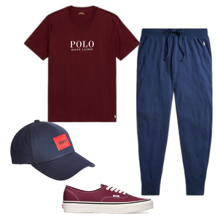 Outfit uomo - Parola d\'ordine Comodità. Stile Casual per Sport. Abbinamento con pantaloni, t-shirt, sneakers, cappelli con visiera.