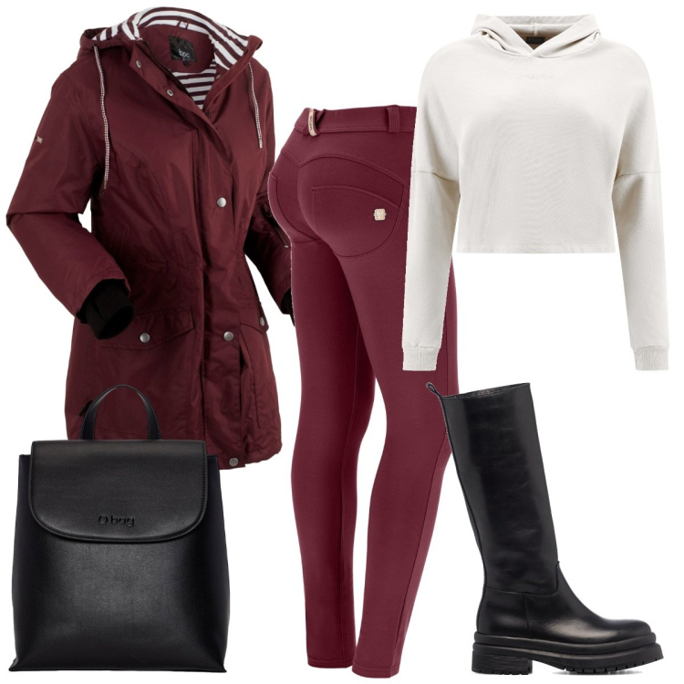 Outfit donna - Sotto la pioggia. Stile Basic per Scuola/Università. Abbinamento con blazer, felpe con cappuccio, pantaloni skinny, stivali, zaini.
