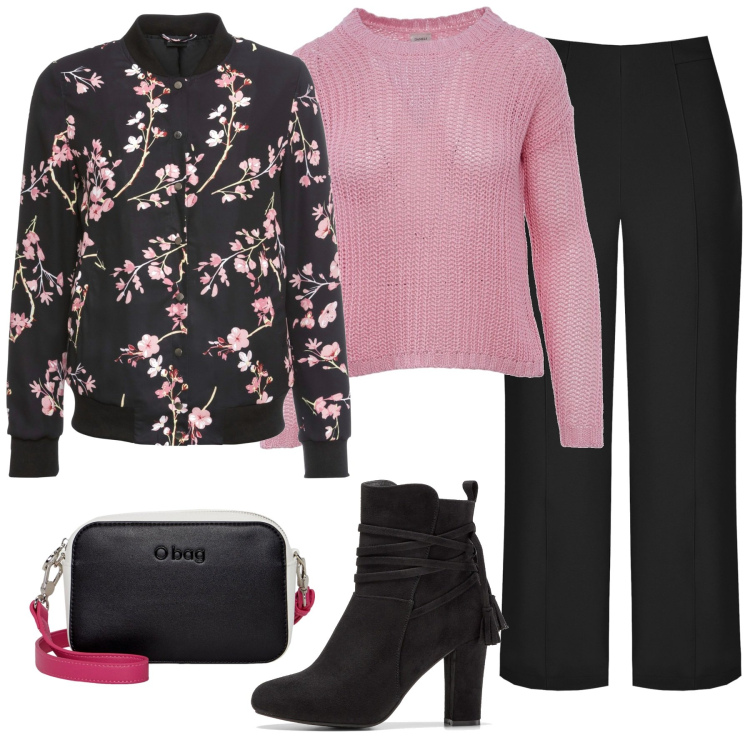 Outfit donna - Fiori di pesco. Stile Casual chic per Tutti i giorni. Abbinamento con bomber, stivaletti, pantaloni capri, maglieria, borse a tracolla.