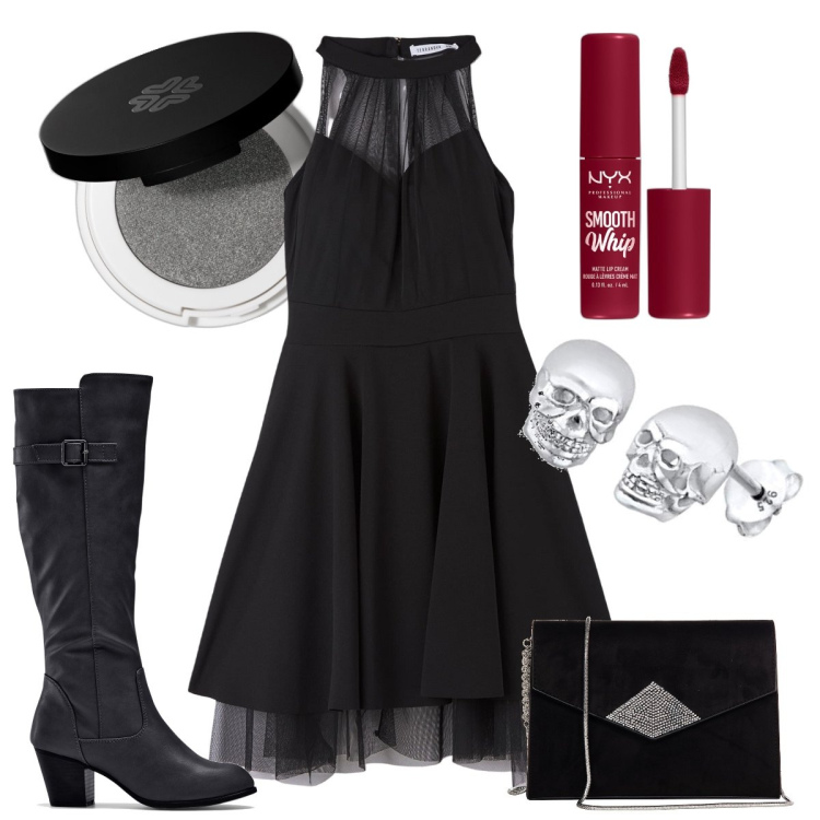 Outfit donna - Serata dark rock. Stile Rock per Serata fuori. Abbinamento con stivali, rossetti, ombretti, vestiti, pochette, orecchini.