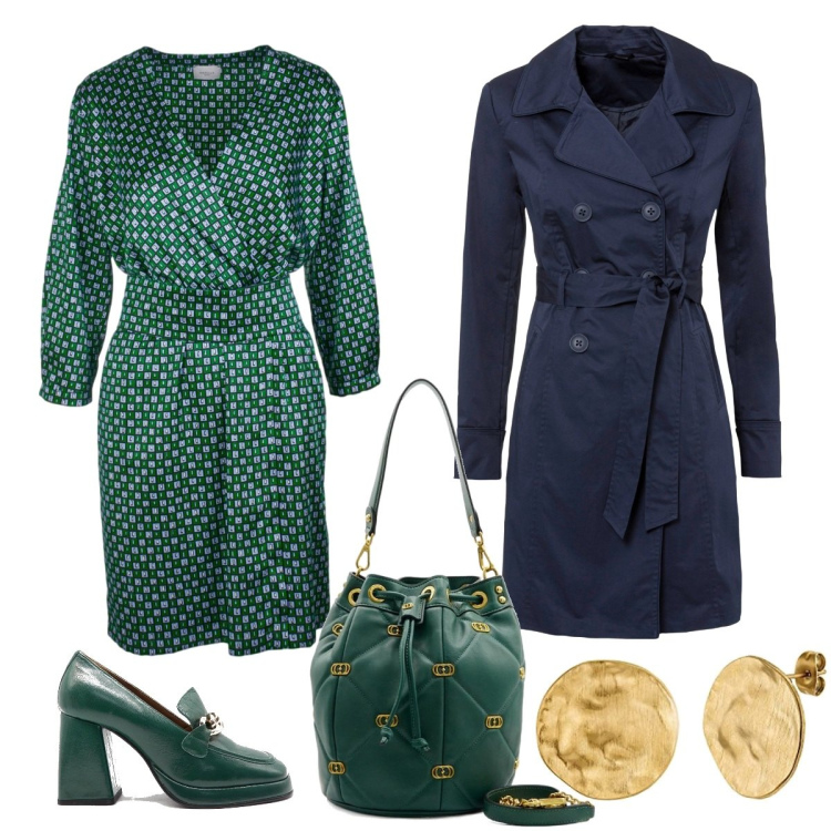 Outfit donna - Serata in verde. Stile Chic per Serata fuori. Abbinamento con trench, vestiti, décolleté, borse a spalla, orecchini.