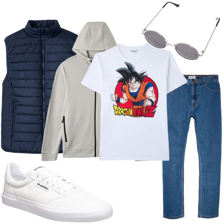 Outfit uomo - Giovane in comodità. Stile Urban per Tutti i giorni. Abbinamento con jeans dritti, gilet, t-shirt, felpe con cappuccio, occhiali da sole, sneakers.