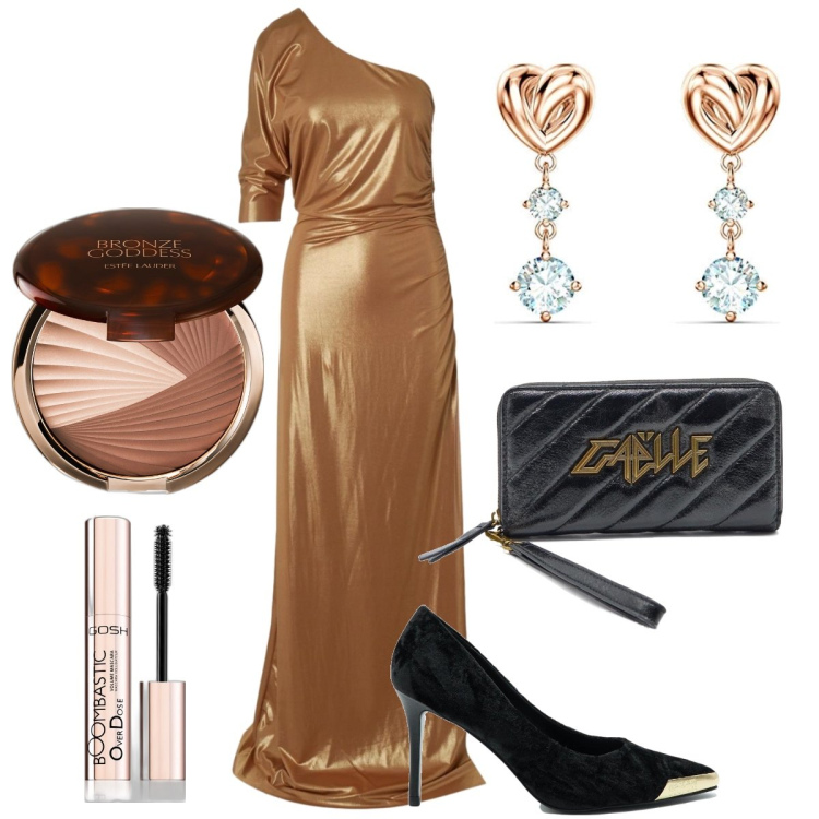 Outfit donna - Il monospalla di bronzo. Stile Chic per Cerimonia. Abbinamento con mascara, terre, vestiti, portafogli, orecchini, décolleté.