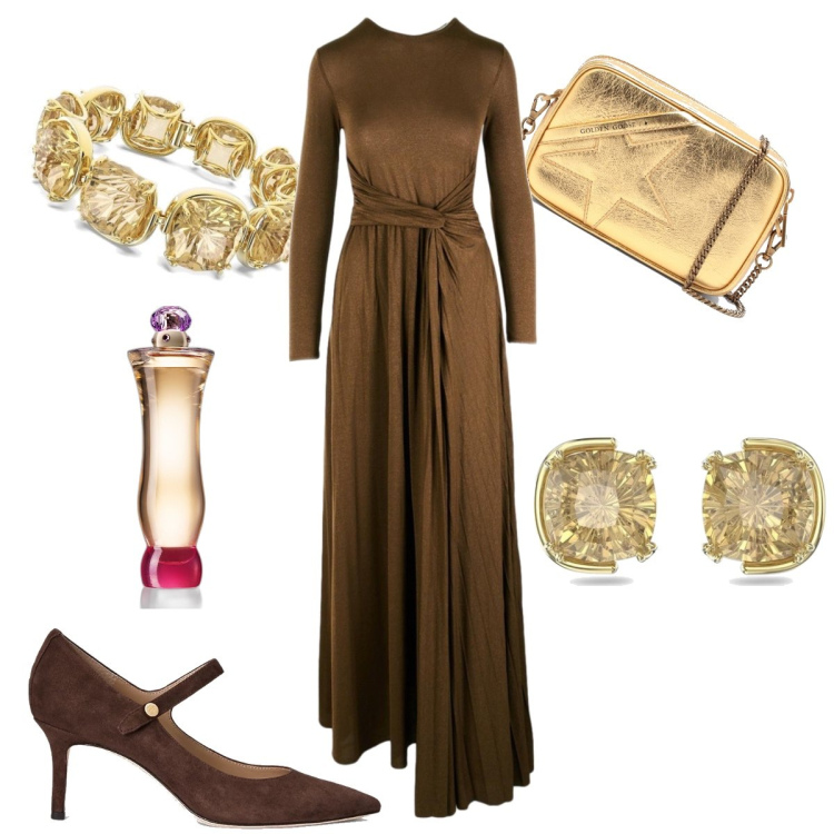 Outfit donna - L’abito annodato in vita. Stile Chic per Cerimonia. Abbinamento con profumi, décolleté, vestiti, borse a tracolla, braccialetti, orecchini.