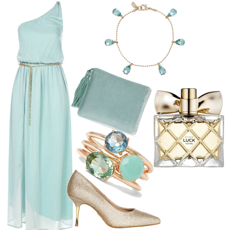 Outfit donna - Incredibilmente femminile. Stile Glamour per Cerimonia. look ideale per Tall. Abbinamento con profumi, vestiti asimmetrici, décolleté, anelli, braccialetti, pochette.
