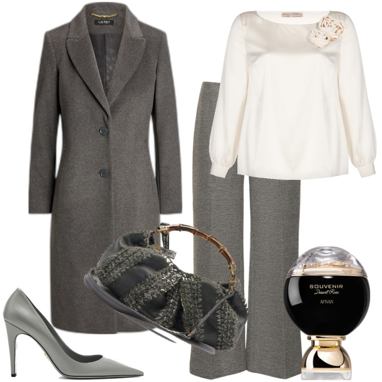 Outfit donna - Il grigio in autunno. Stile Bon Ton per Cerimonia. Abbinamento con profumi, bluse, cappotti, pantaloni, borse a mano, décolleté.