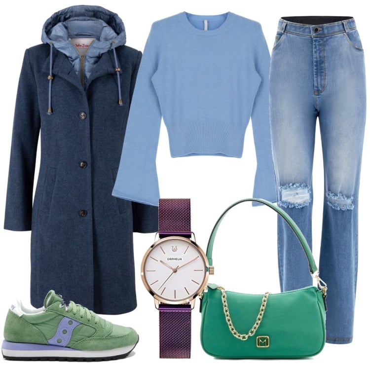 Outfit donna - Total look #1735325. Stile Casual per Tutti i giorni. Abbinamento con cappotti, pullovers, jeans strappati, sneakers, borse a spalla, orologi analogici.