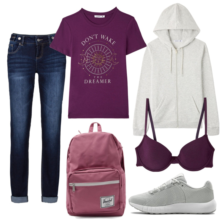 Outfit donna - Total look #1735333. Stile Urban per Scuola/Università. Abbinamento con jeans boyfriend, reggiseni, t-shirt, felpe con cappuccio, scarpe sportive, zaini.