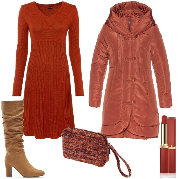 Outfit donna - Color mattone. Stile Basic per Tutti i giorni. Abbinamento con vestiti, cappotti, stivali, rossetti, pochette.