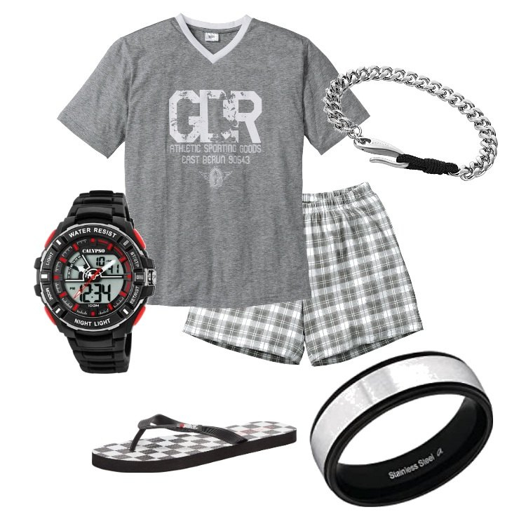 Outfit uomo - Buongiorno!. Stile Trendy per Tutti i giorni. Abbinamento con abbigliamento da notte, sandali, braccialetti, anelli, orologi digitali.