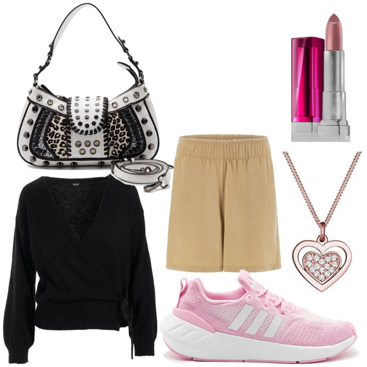 Outfit donna - Camminata al parco. Stile Casual per Tutti i giorni. Abbinamento con rossetti, bermuda, ciondoli, borse a spalla, sneakers, cardigans.