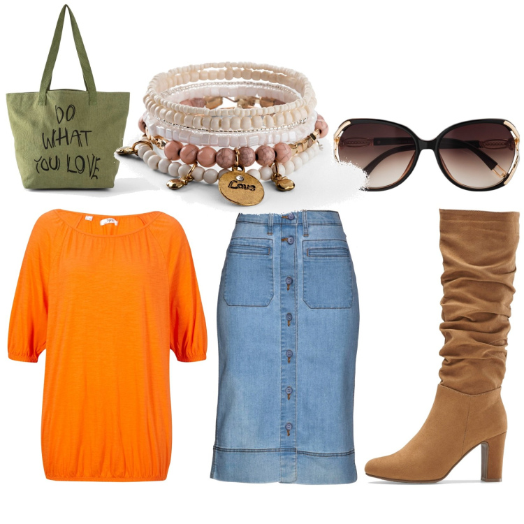 Outfit donna - Gita al luna park. per Tutti i giorni. Abbinamento con gonne, braccialetti, occhiali da sole, maglieria, stivali, shopping bag.