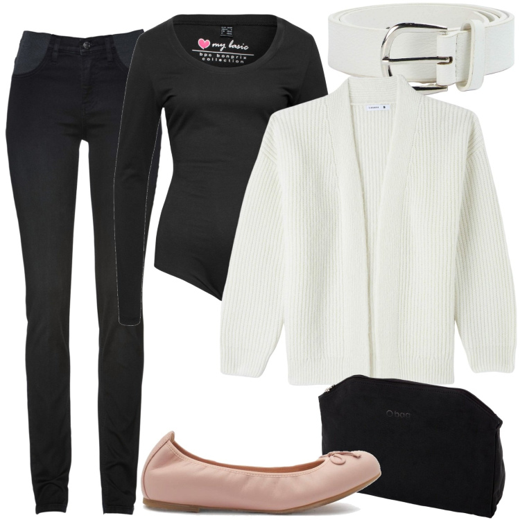 Outfit donna - Il tuo outfit quotidiano. Stile Basic per Tutti i giorni. Abbinamento con jeans skinny, body, cinture, cardigans, ballerine, borse a spalla.