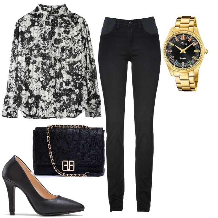 Outfit donna - Total look #1735390. Stile Casual chic per Tutti i giorni. Abbinamento con jeans skinny, décolleté, bluse, clutch, orologi.