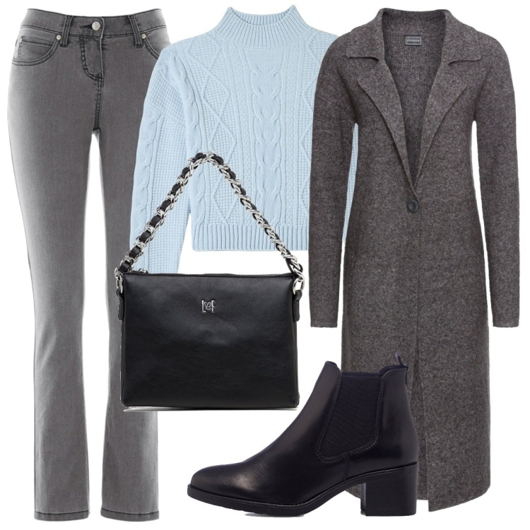 Outfit donna - Il cappotto di maglia. Stile Basic per Tutti i giorni. Abbinamento con jeans slim fit, cappotti, maglieria, borse a tracolla, stivaletti.