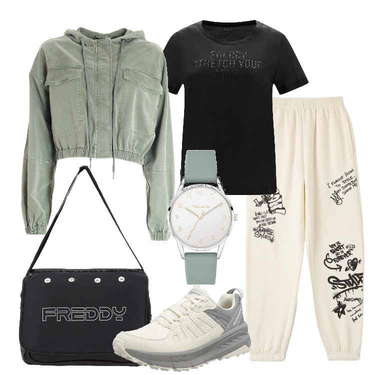 Outfit donna - Un giorno qualunque. Stile Casual per Tutti i giorni. Abbinamento con pantaloni, blazer, borse messenger, t-shirt, scarpe sportive, orologi analogici.
