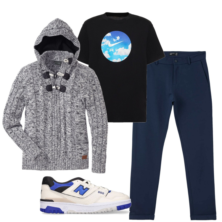 Outfit uomo - Un cappuccio per la sera. Stile Urban per Tutti i giorni. Abbinamento con maglieria, pantaloni chino, t-shirt, sneakers.