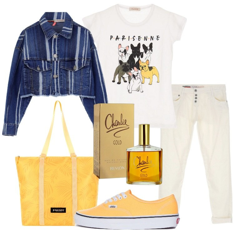 Outfit donna - Semplice in casual. Stile Casual per Scuola/Università. Abbinamento con profumi, jeans, t-shirt, giacche, borse tote, sneakers.