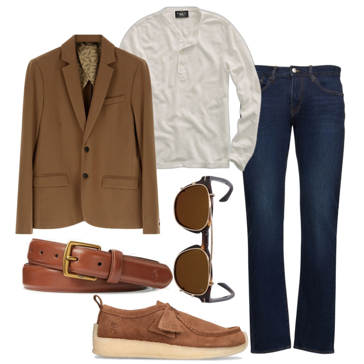 Outfit uomo - Giacca cacao. Stile Trendy per Tutti i giorni. Abbinamento con giacche, t-shirt, cinture, scarpe stringate, occhiali da sole, jeans slim fit.