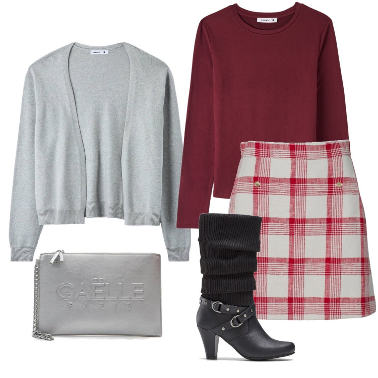Outfit donna - La minigonna scozzese. Stile Casual chic per Ufficio. Abbinamento con stivali, cardigans, t-shirt, gonne, borse a mano.
