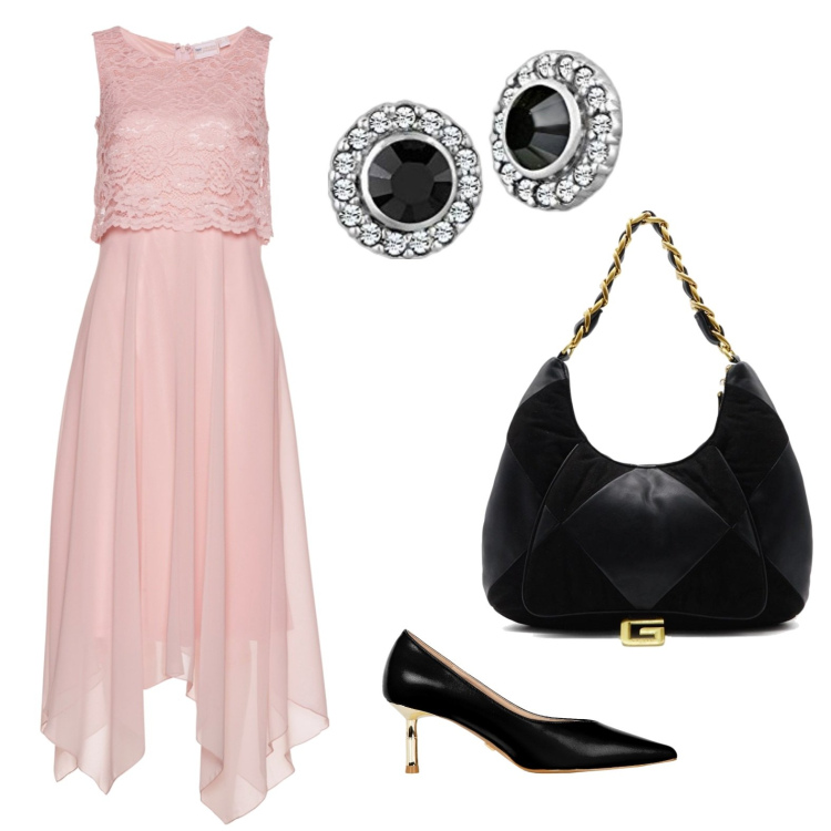 Outfit donna - Raffinata. Stile Chic per Cerimonia. Abbinamento con vestiti midi/longuette, décolleté, borse a spalla, orecchini.
