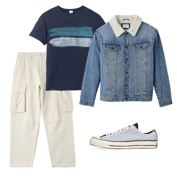 Outfit uomo - Total look #1735505. Stile Trendy per Ufficio. Abbinamento con t-shirt, pantaloni cargo, giacche, sneakers.