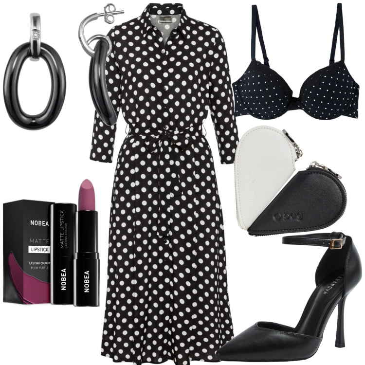 Outfit donna - Total look #1735522. Stile Casual per Tutti i giorni. Abbinamento con vestiti midi/longuette, rossetti, décolleté, reggiseni, portamonete, orecchini.