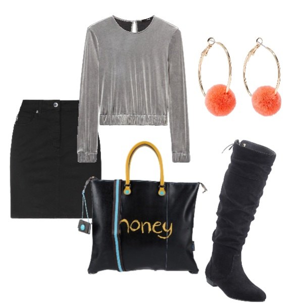 Outfit donna - Honey. Stile Urban per Tutti i giorni. Abbinamento con stivali, borsa a mano maxi con stampa e zip tinta unita, gonna, orecchini, t-shirt a goccia con scollo e polsini grigio.