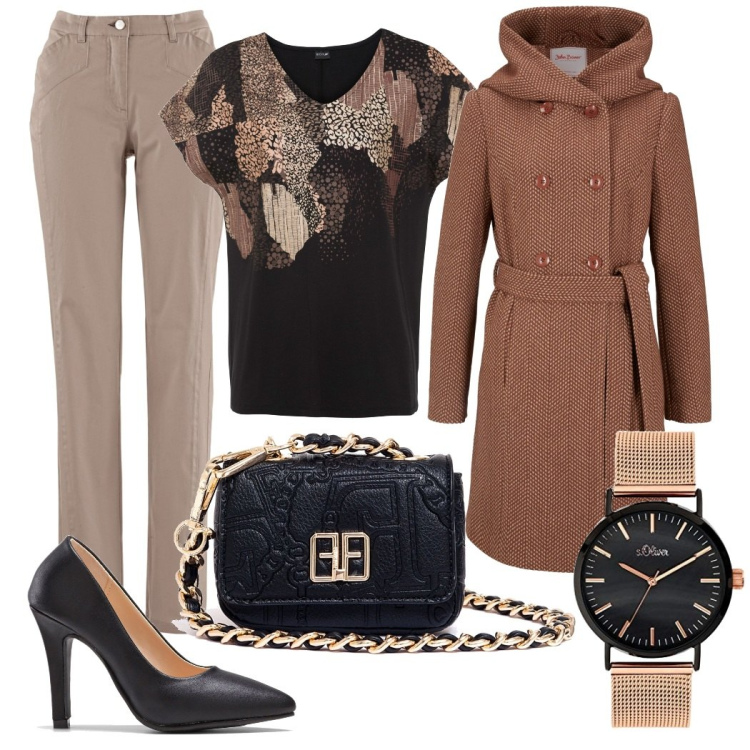 Outfit donna - La mia collega ama questo stile. Stile Chic per Serata fuori. Abbinamento con maglieria, pantaloni, cappotti, décolleté, marsupi, orologi.