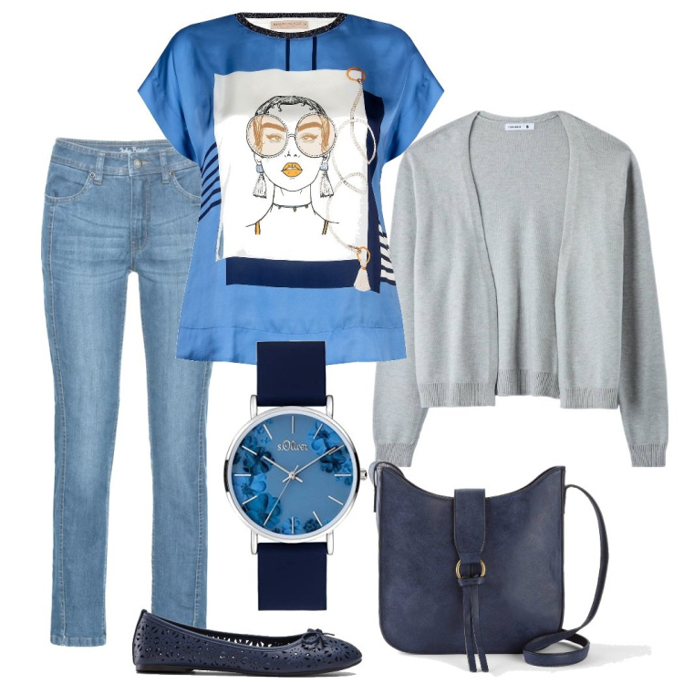 Outfit donna - Ufficio. Stile Casual per Ufficio. Abbinamento con ballerine, jeans, borse a tracolla, cardigans, bluse, orologi.