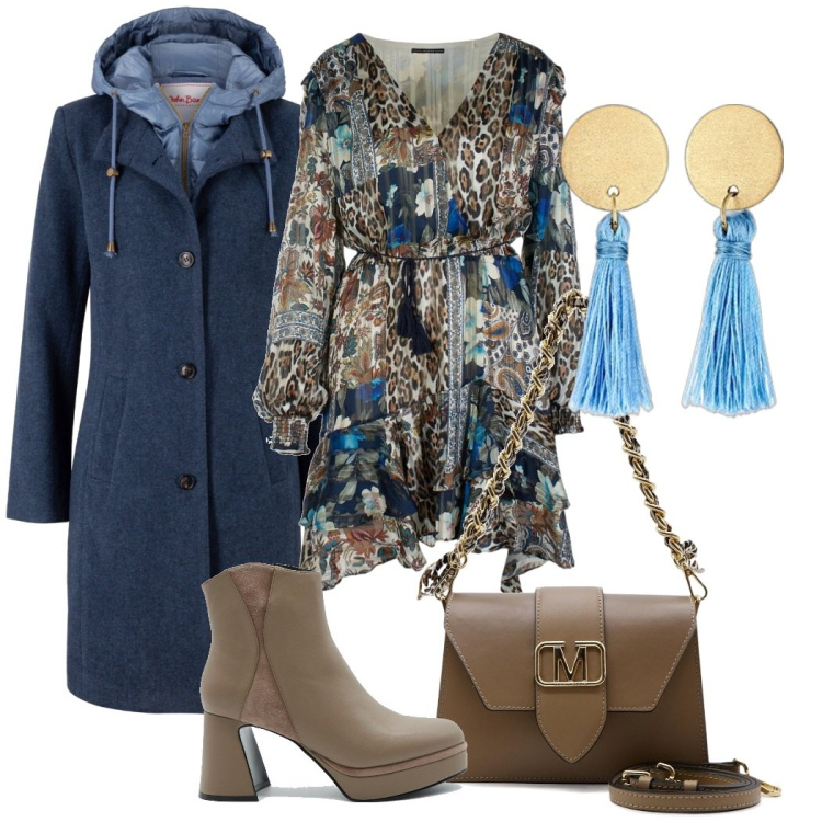 Outfit donna - Stasera esco. Stile Bon Ton per Serata fuori. Abbinamento con cappotti, vestiti, borse a spalla, orecchini, stivaletti.