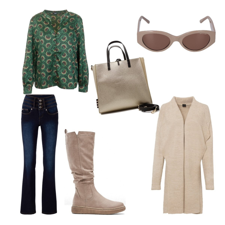 Outfit donna - A posto!. Stile Casual chic per Tutti i giorni. Abbinamento con jeans bootcut, stivali, cardigans, bluse, occhiali da sole, pochette.