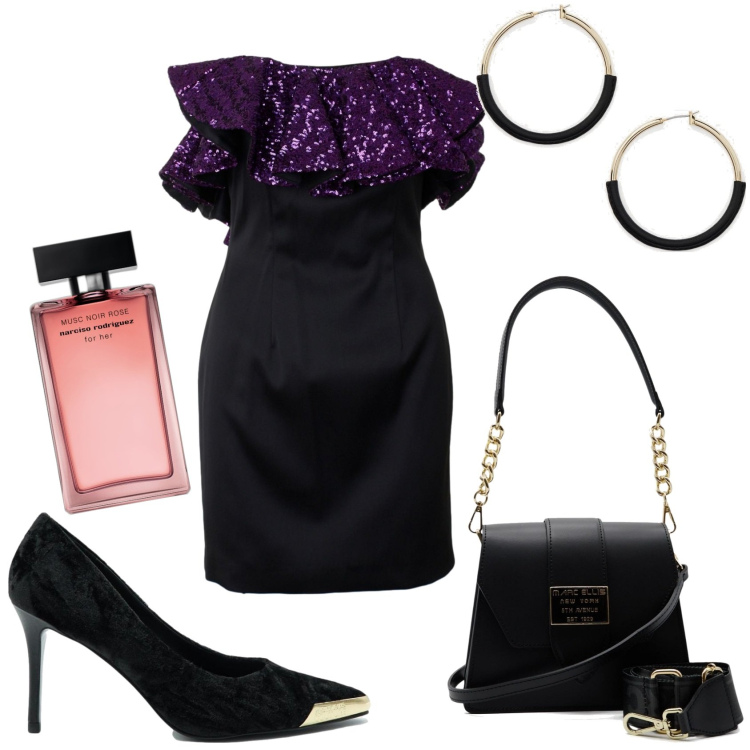 Outfit donna - Chic nero e paiettes viola. Stile Chic per Serata fuori. Abbinamento con profumi, orecchini, vestiti a tubino, borse a spalla, décolleté.
