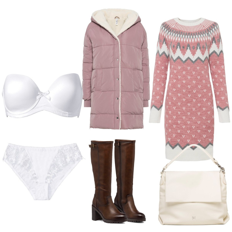 Outfit donna - Sweet warmth. Stile Casual per Tutti i giorni. Abbinamento con reggiseni, cappotti, vestiti, slip, stivali sopra il ginocchio, borse a spalla.