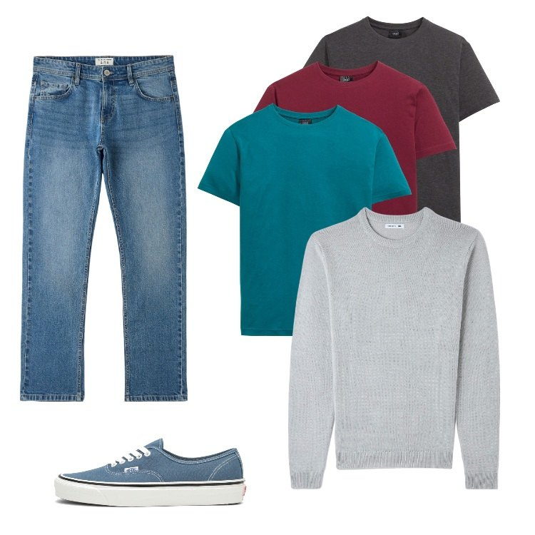 Outfit uomo - Total look #1735583. Stile Casual per Ufficio. Abbinamento con t-shirt, maglieria, jeans, sneakers.