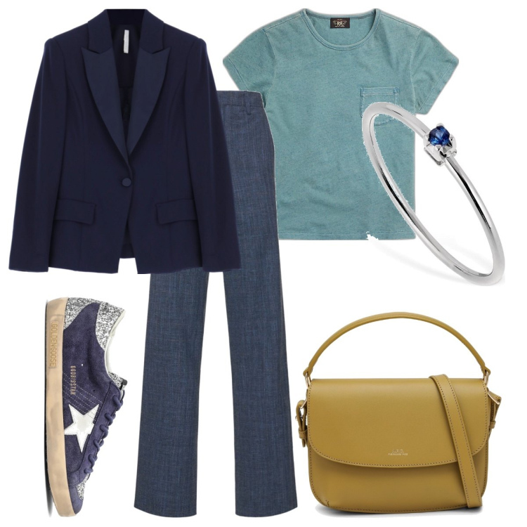 Outfit donna - Per l’università. Stile Casual per Scuola/Università. Abbinamento con cappotti, t-shirt, anelli, borse a tracolla, pantaloni, sneakers.