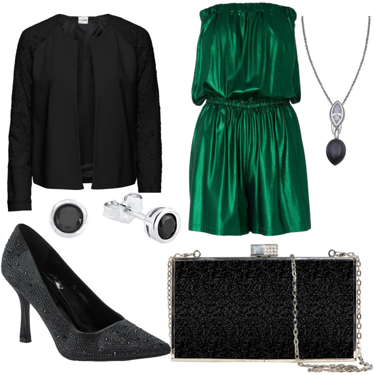 Outfit donna - Elegante per una serata. Stile Chic per Serata fuori. Abbinamento con blazer, décolleté, clutch, collane, tute, orecchini.