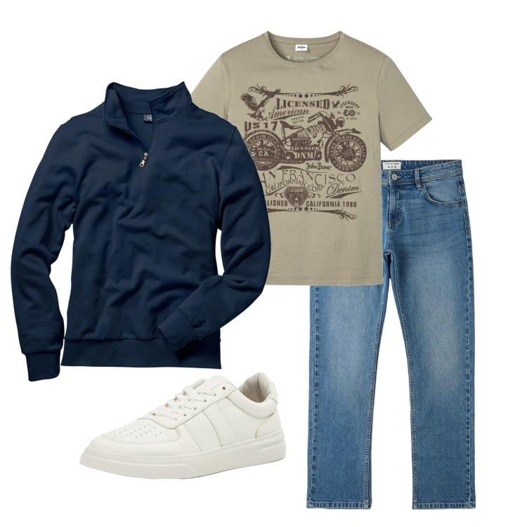 Outfit uomo - Pratico. Stile Casual per Tutti i giorni. Abbinamento con felpe, t-shirt, jeans, sneakers.