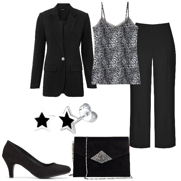 Outfit donna - Intanto ti invito ad una cena. Stile Chic per Serata fuori. Abbinamento con décolleté, blazer, canottiere, pantaloni capri, pochette, orecchini.
