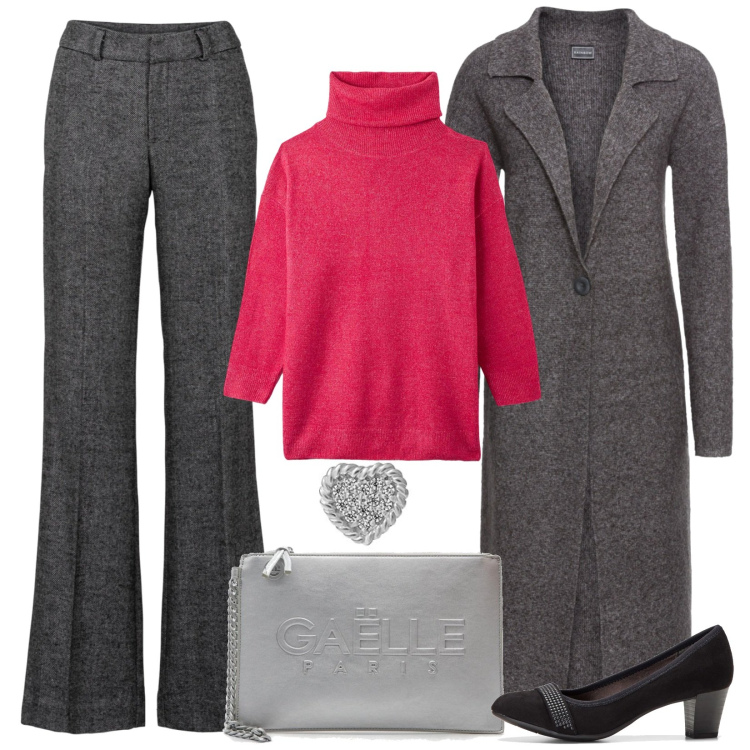 Outfit donna - Il cardigan lungo, grigio. Stile Chic per Serata fuori. Abbinamento con pantaloni a palazzo, décolleté, cappotti, maglieria, borse a mano, orecchini.