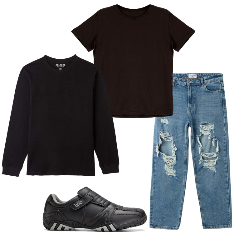 Outfit uomo - Super basico. Stile Casual per Tutti i giorni. Abbinamento con scarpe stringate, jeans strappati, t-shirt, t-shirt.