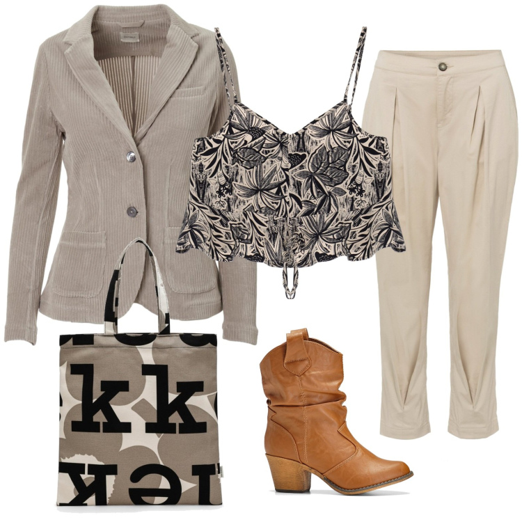 Outfit donna - Total look #1735656. Stile Casual chic per Tutti i giorni. Abbinamento con stivaletti texani, pantaloni capri, top, giacche, borse tote.