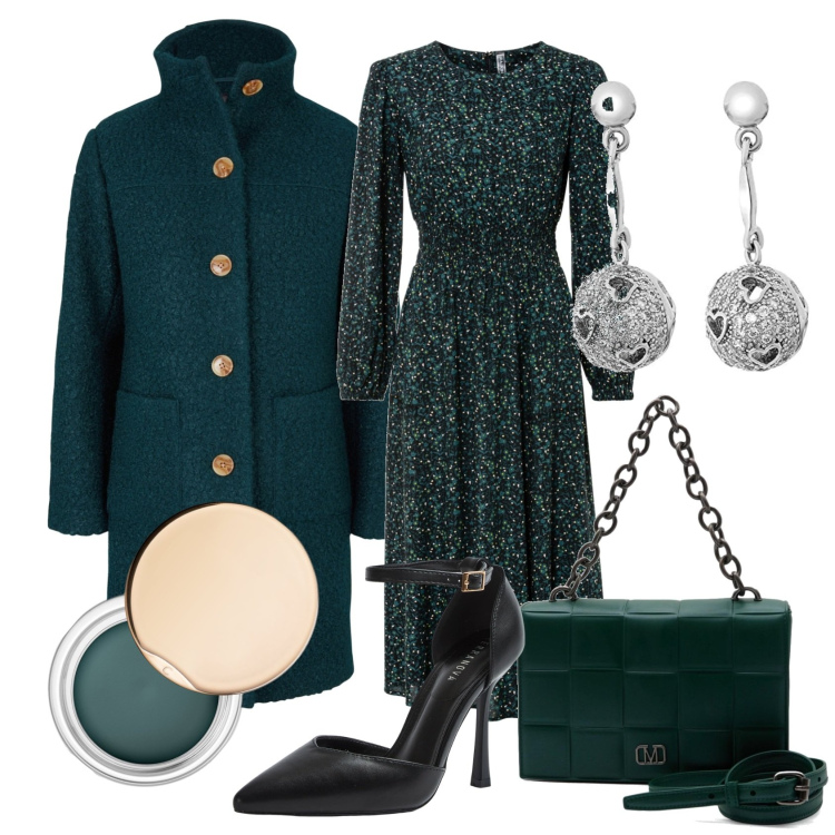 Outfit donna - Cappotto in bouclè. Stile Casual chic per Ufficio. Abbinamento con vestiti midi/longuette, cappotti, ombretti, décolleté, orecchini a pendolo in sterling 925 argento, borse a mano.