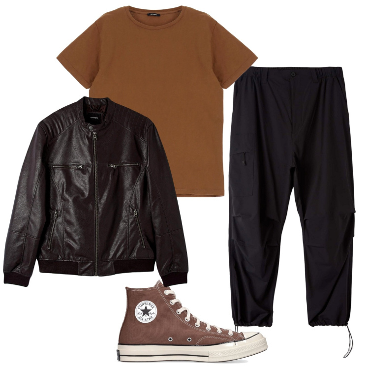 Outfit uomo - Liquirizia e caffè. Stile Trendy per Tutti i giorni. Abbinamento con pantaloni cargo, cappotti, t-shirt, sneakers.