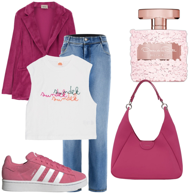 Outfit donna - Dettagli romantici. Stile Basic per Ufficio. Abbinamento con profumi, jeans, giacche, t-shirt, borse a spalla, sneakers.