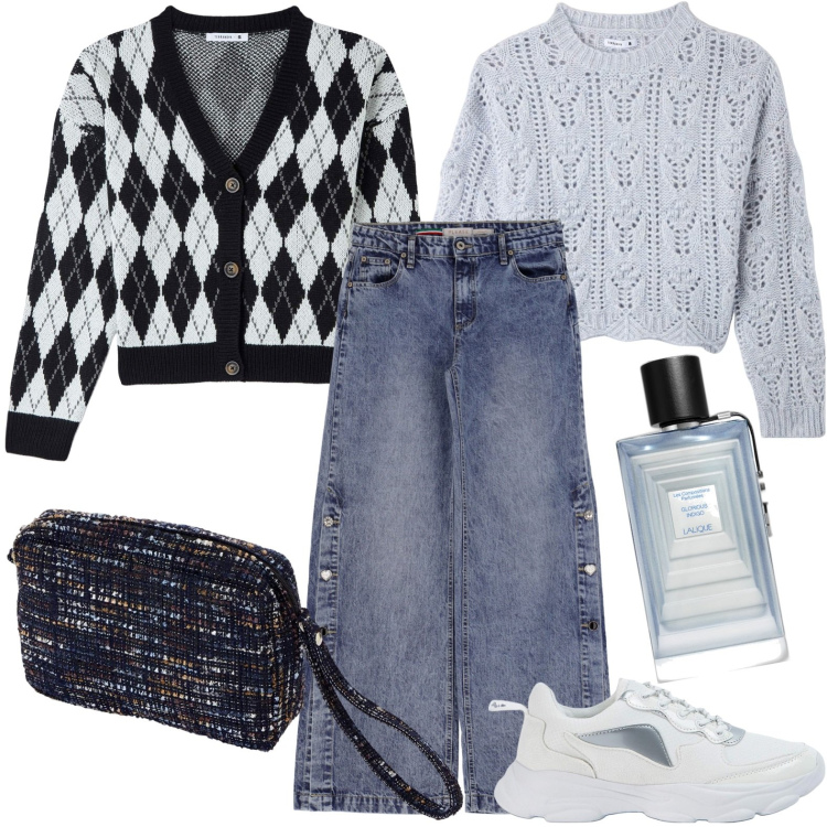 Outfit donna - Total look #1735726. Stile Casual per Ufficio. Abbinamento con profumi, sneakers, maglieria, cardigans, jeans, pochette.