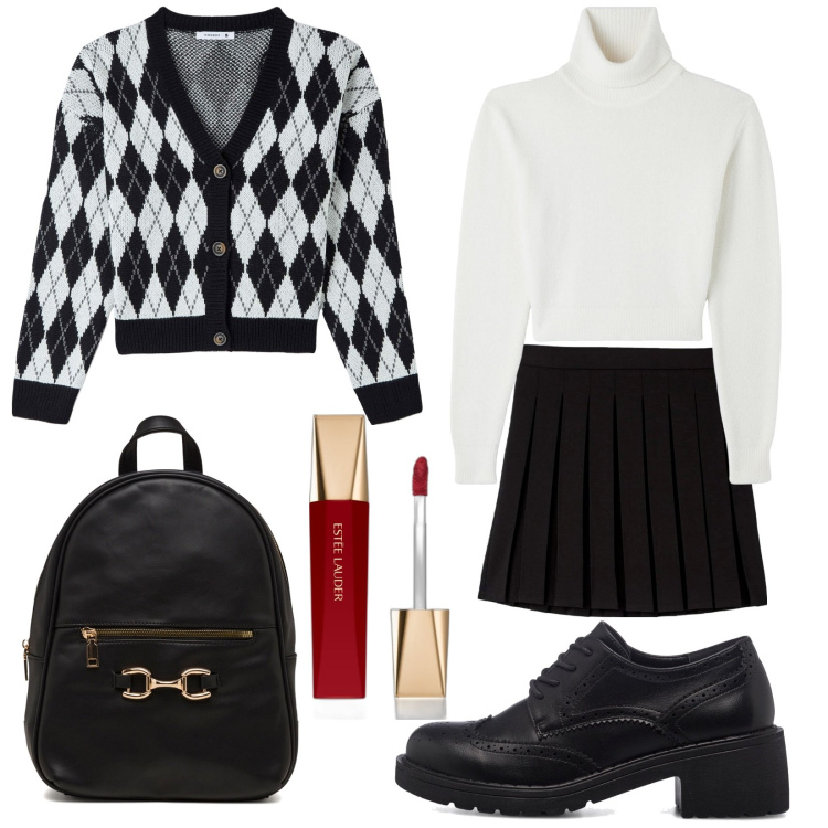 Outfit donna - Visita a Oxford. Stile Preppy per Scuola/Università. Abbinamento con rossetti, maglieria, minigonne, cardigans, scarpe stringate, zaini.