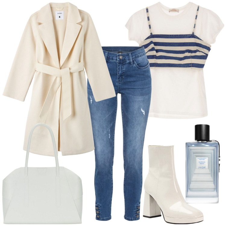 Outfit donna - Total look #1735756. Stile Casual per Ufficio. Abbinamento con jeans skinny, profumi, cappotti, stivaletti, top, borse a spalla.